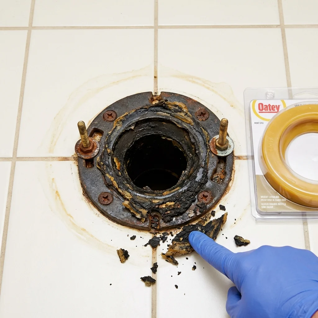 Failed wax ring showing water seepage at the base of a toilet in a Warren, IL home