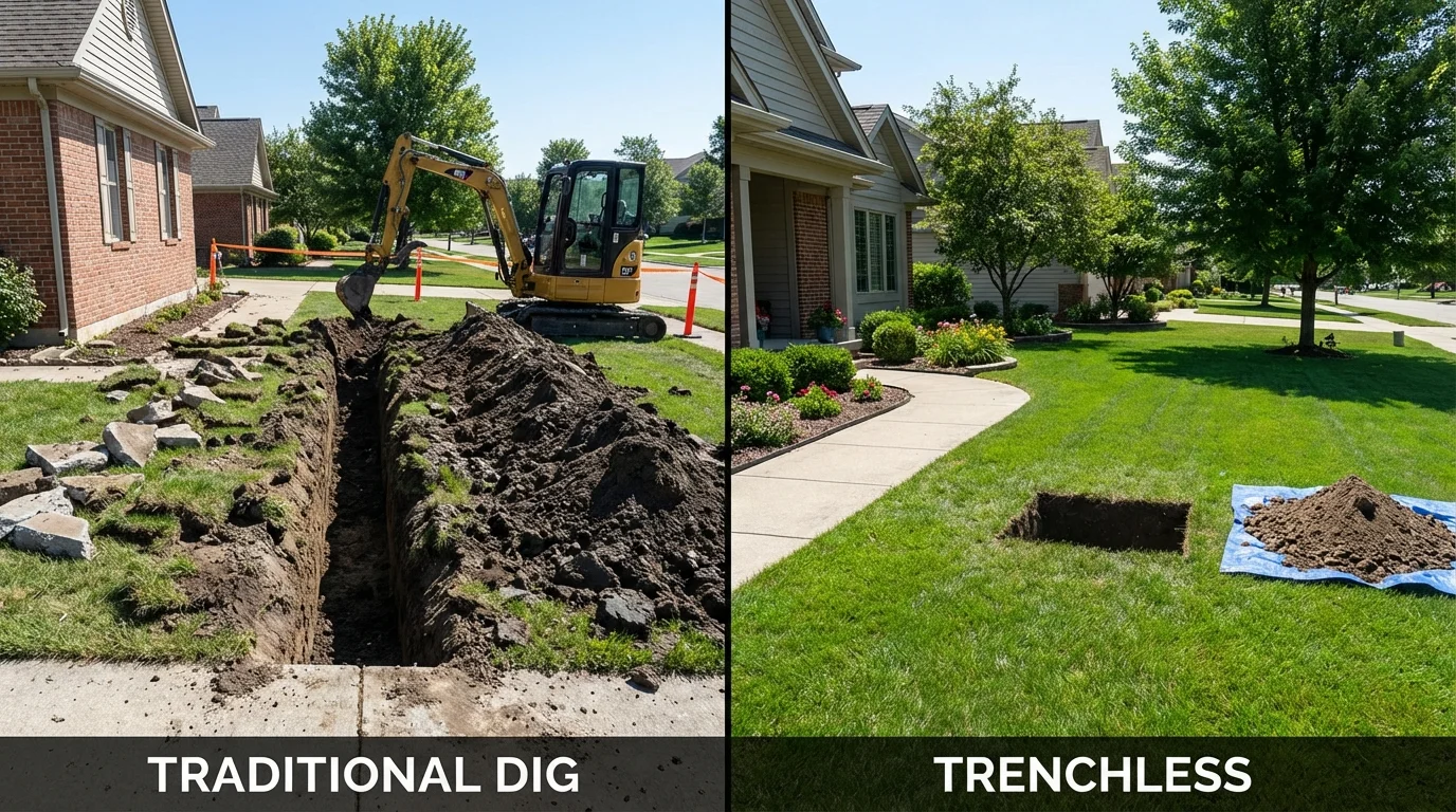 Trenchless sewer repair with minimal yard damage versus traditional excavation in Warren, IL