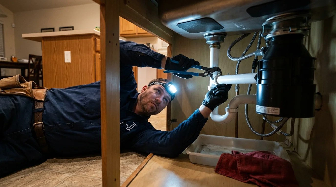 P-trap and supply line connections under a kitchen sink showing a common leak point in Warren, IL